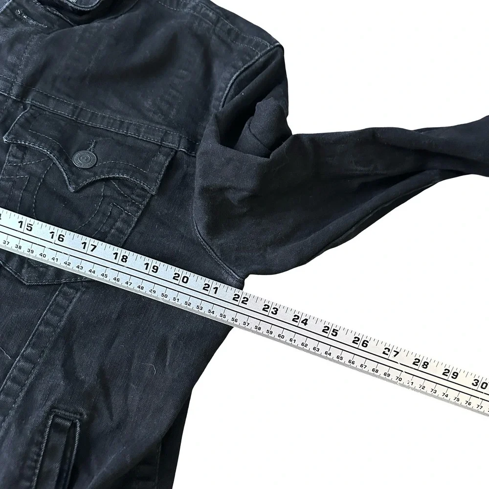 True Religion Mens‎ Black Denim Trucker Jacket Western Button Faded Black L